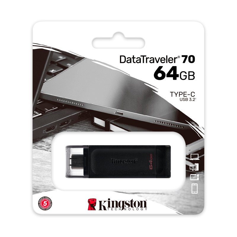 KING USB DT70/64GB Memoria Flash USB Kingston DataTraveler 70, 64GB,USB-C 3.2 Gen1, presentación en colg
