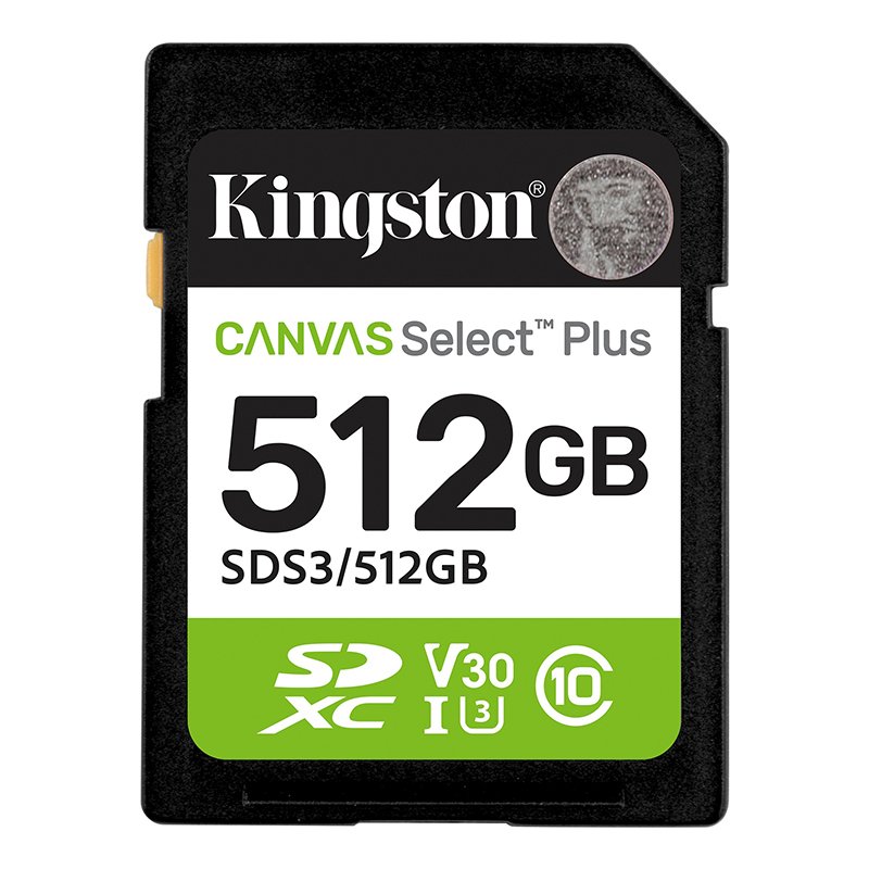 SD KING CANVAS SELECT + 512GB Memoria Card SD Kingston SD Canvas Select Plus 512GB, categoría de velocidad: UHS-I/U