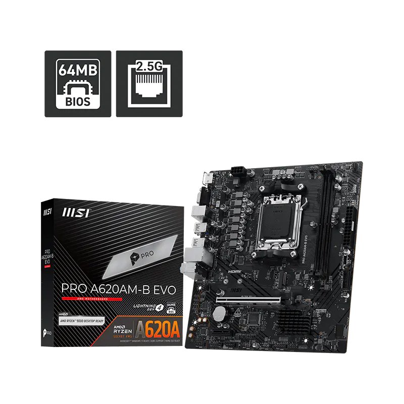 MB MS PRO A620AM-B EVO SVL DR5 Motherboard MSI PRO A620AM-B EVO, Chipset AMD A620A, Socket AM5, HDMI, VGA, mATX