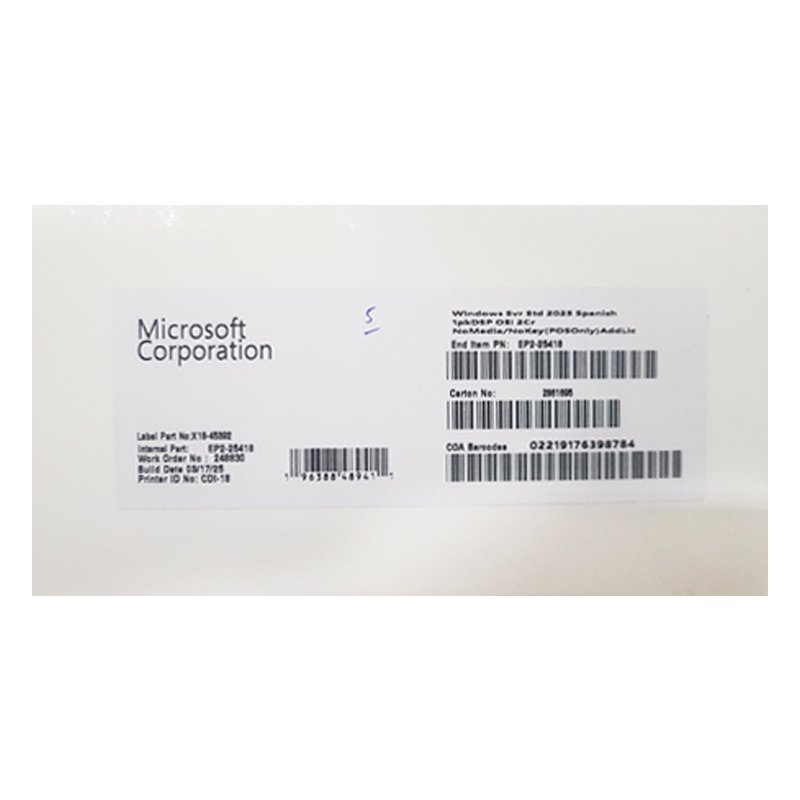 SVR STD 2025 SPANISH OEI 2CR Microsoft Windows SVR STD 2025 SPANISH OEI 2CR (APOS) (EP2-25418)
