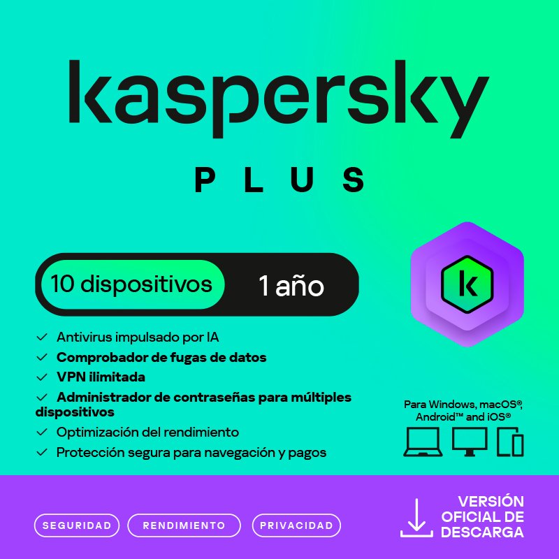 KASPERSKY PLUS LATAM 10-DVC Antivirus Kaspersky Plus, para 10 PCs, Lic 1 año,Producto Virtual.