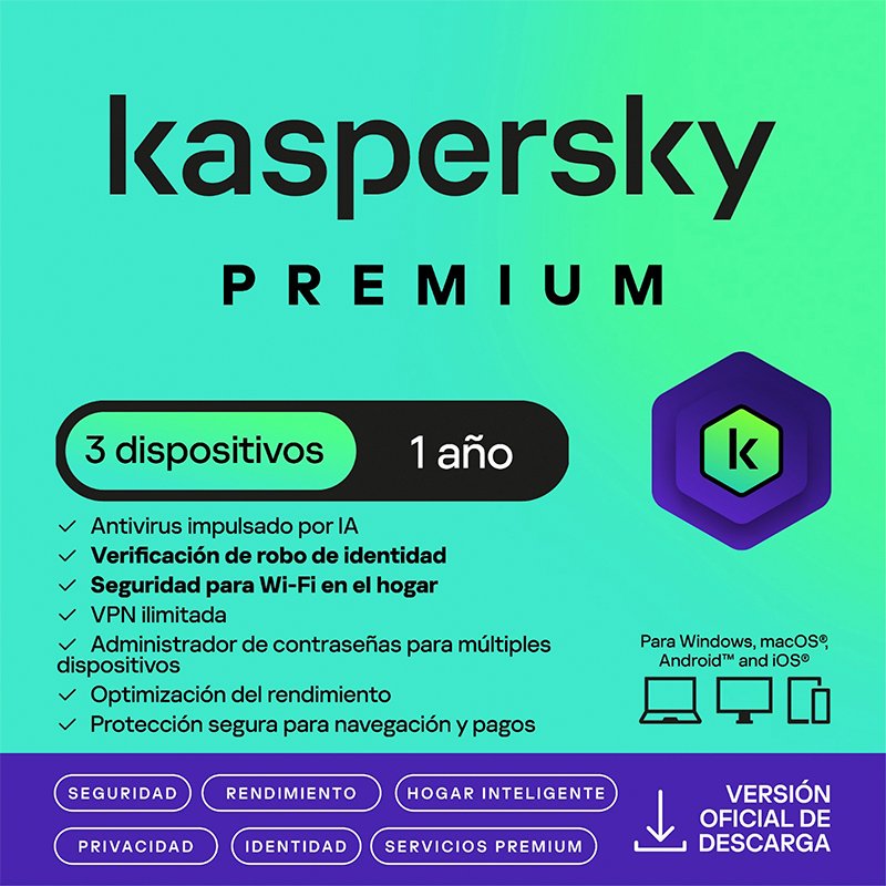 KASPERSKY PREMIUM CUSTOMER 3DV Antivirus Kaspersky Premium, para 3 PCs, Lic 1 año, Producto Virtual.